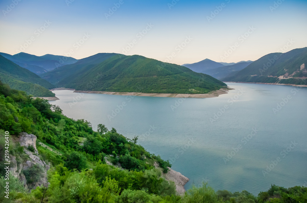 beautiful view of the reservoir with blue water among the mountains