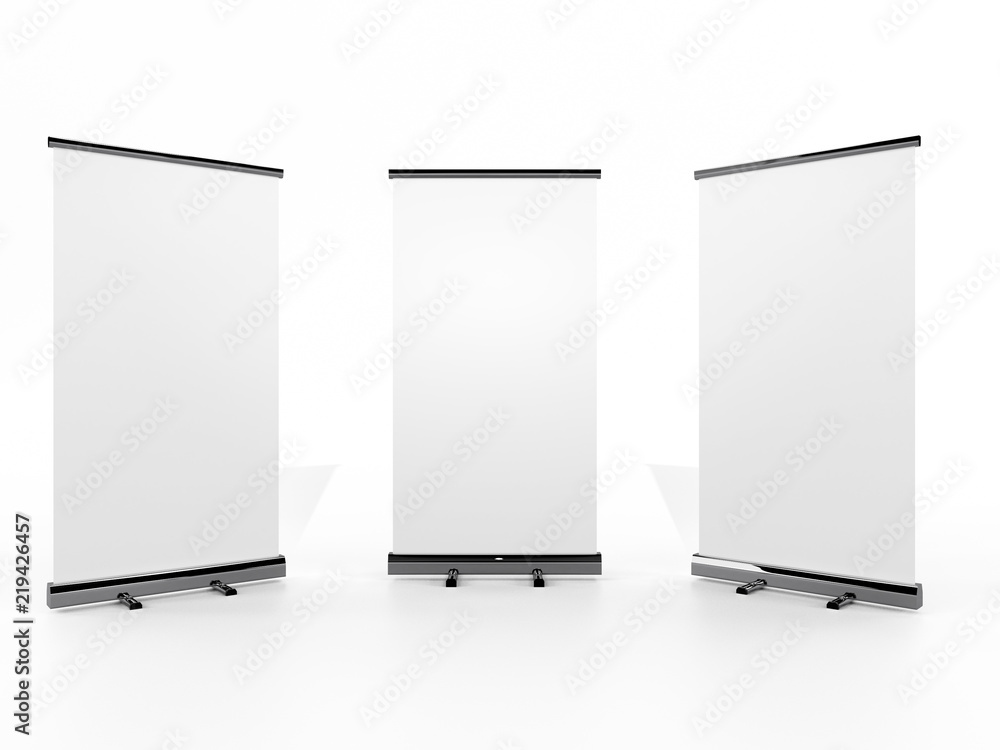 Outdoor Advertising Stand Banner (empty roll-up poster) - mockup template on gray background. 3D rendering Outdoor Advertising Stand Banner (empty roll-up poster) - mockup template on gray background. 3D rendering