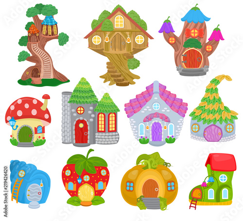Fantasy house vector cartoon fairy treehouse and magic housing village illustration set of kids fairytale pumpkin or strawberry playhouse for gnome isolated on white background