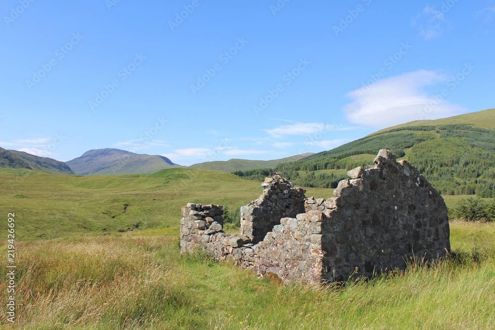 View of the beautiful landscape of Glen More on the Isle of Mull near the A849, with an abandoned croft in the foreground.