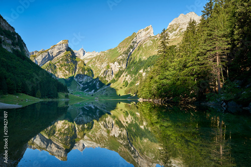 Blick auf Alpsteinmassiv mit Säntis, Spiegelung der Berge im Seealpsee, Bergwald, blauer Himmel photo