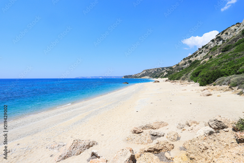Flight over of Paradise beach at Kefalonia island in Greece