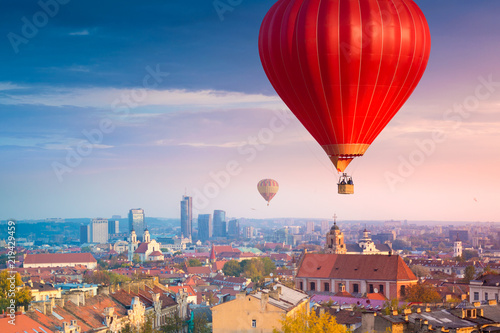 Hot air balloons flying over Vilnius, Lithuania