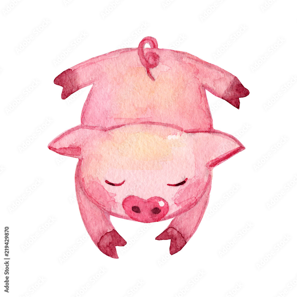 Obraz premium Watercolor Pig. 2019 Chinese New Year of the Pig. Christmas greeting card. Isolated on white background. Cute watercolor illustration. 