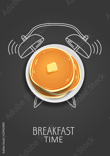 Breakfast time. Realistic pancake with butter and painted alarm clock. Concept. Vector illustration