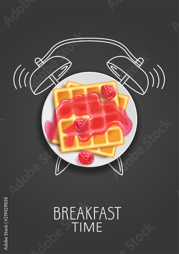 Breakfast time. Realistic waffles, jam and fresh raspberries and painted alarm clock. Concept. Vector illustration.