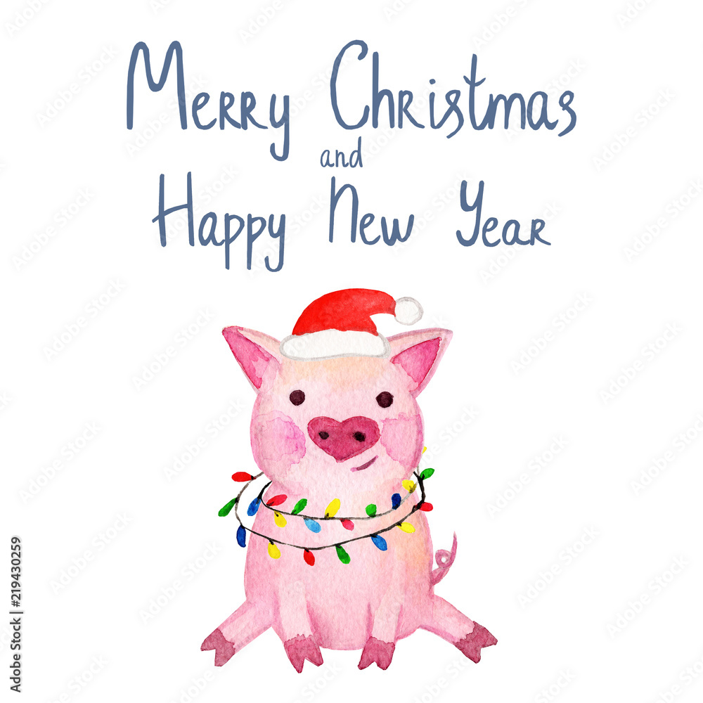 Fototapeta premium Watercolor Pig. 2019 Chinese New Year of the Pig. Christmas greeting card. Isolated on white background. Cute watercolor illustration. 
