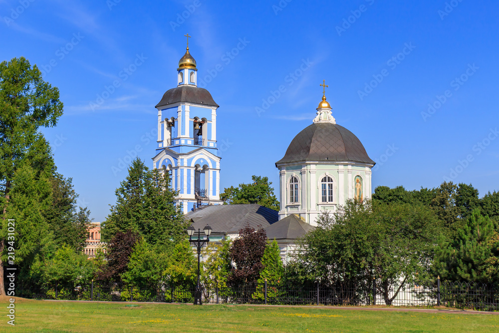 Temple of the icon of Our Lady Life-giving Source in Museum-reserve Tsaritsyno in Moscow on a blue sky background