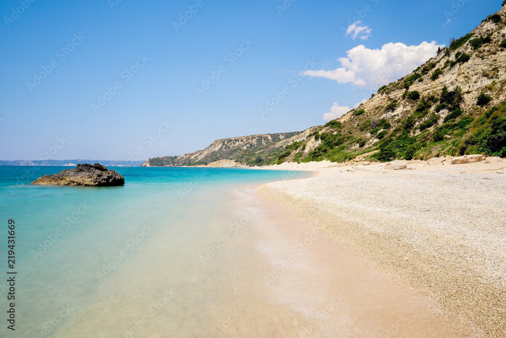 Flight over of Paradise beach at Kefalonia island in Greece Flight over of Paradise beach at Kefalonia island in Greece