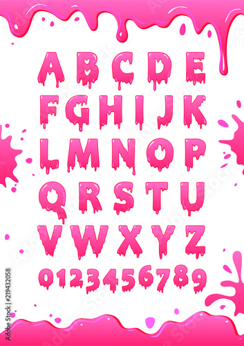 Font of pink glaze. Sweet alphabet. Letters and numbers vector poster
