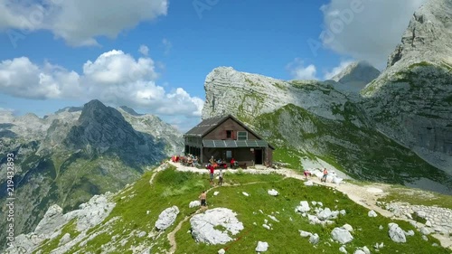 Aerial: Triglav national park in Slovenia, Seven lakes valley, cottage at Prehodavci at height of 2071 meters.