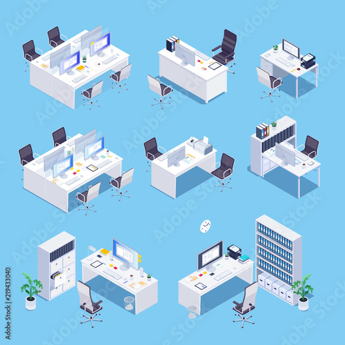 Workplace. Isometric set of office room.