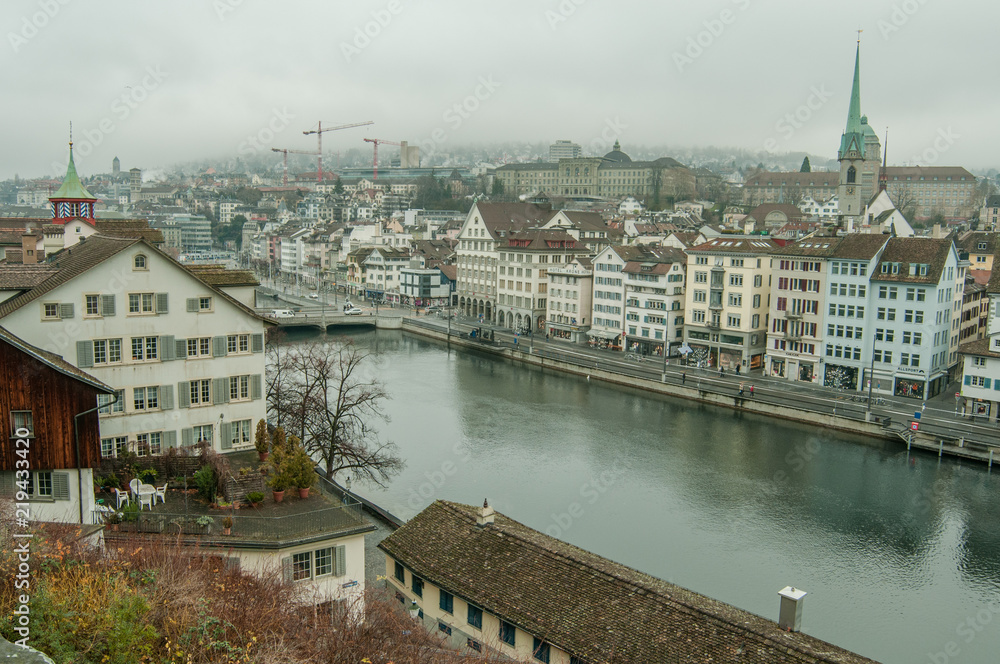 Zurich panorama view, river, tower, fog