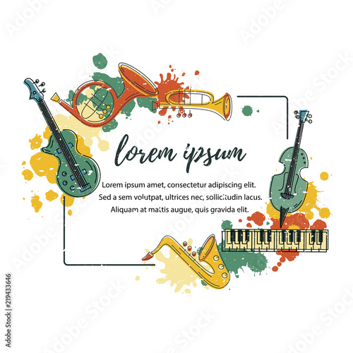 Template for music festival, jazz party, invitation, greeting card, concert poster. Vector illustration with saxophone, piano, violin, french horn, drum, guitar, trumpet. Flat style.