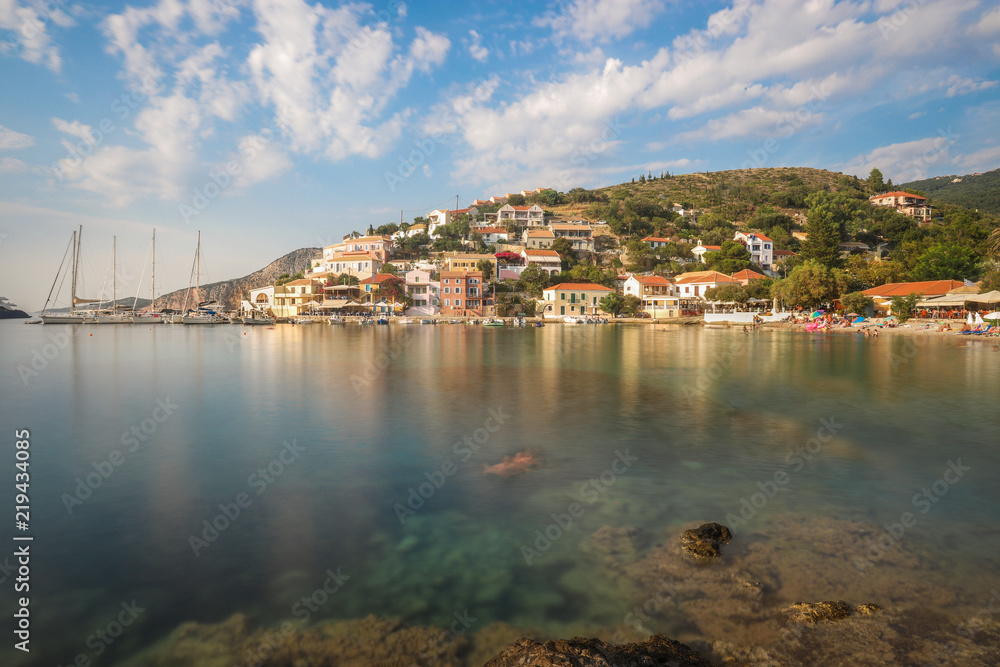 Assos beach on the Island of Kefalonia in Greecevillage, architecture, asos, bay, beach, blue, building, cefalonia, cephalonia, cloud, coast, colorful, destination, green, holiday, ioni