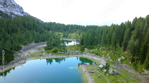 Aerial: Triglav national park in Slovenia, Seven lakes valley, Double lake. Beautiful valley with lakes between high mountains.