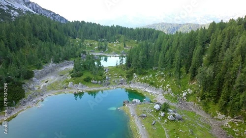 Aerial: Triglav national park in Slovenia, Seven lakes valley, Double lake. Beautiful valley with lakes between high mountains.
