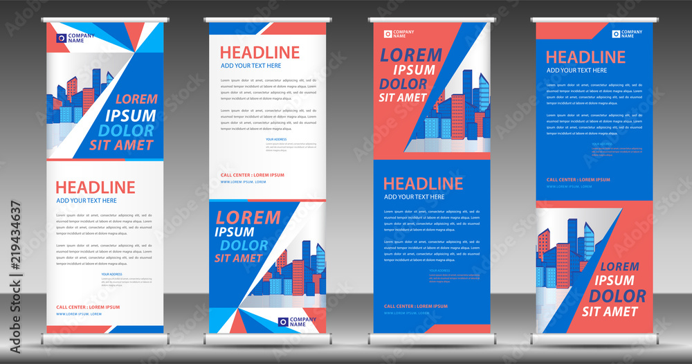 Roll up banner template, stand design, Pull up, display, advertisement, business flyer, poster, presentation, corporate, web banner layout, blue modern creative concept, city vector illustration