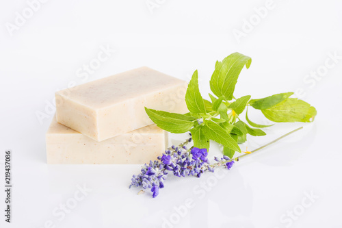 Fototapeta Naklejka Na Ścianę i Meble -  Handmade Soap. Handmade soap bars with lavender flowers