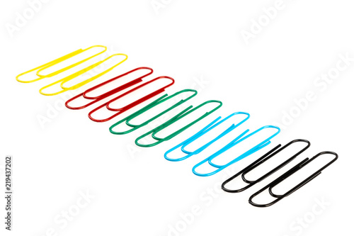 isolated colored paper clips on a white background