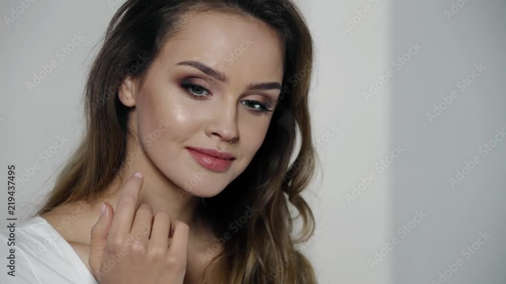 Woman With Beauty Face Makeup Touching Lips Skin Woman With Beauty Face Makeup Touching Lips Skin