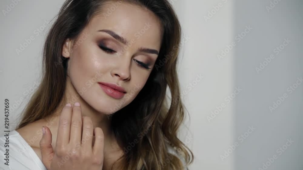 Woman With Beauty Face Makeup Touching Lips Skin Woman With Beauty Face Makeup Touching Lips Skin