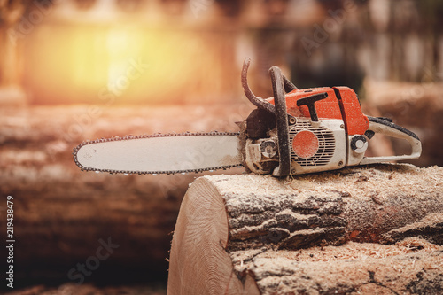 Fotografi Close-up of chainsaw lies on sawn wood sawmill