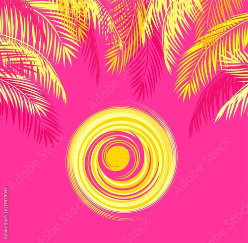 Summery t shirt print with yellow palm leaves and hot sun on pink background