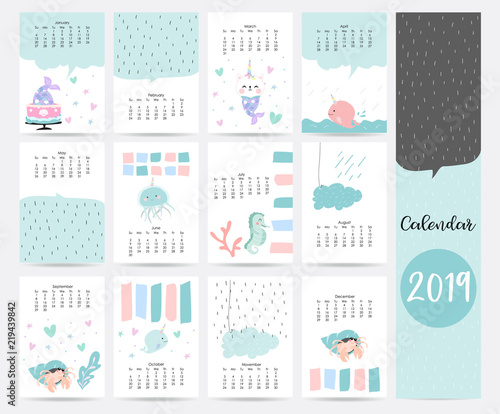 Cute blue monthly calendar 2019 with caticorn,mermaid,cake,coral,sea horse.Can be used for web,banner,poster,label and printable