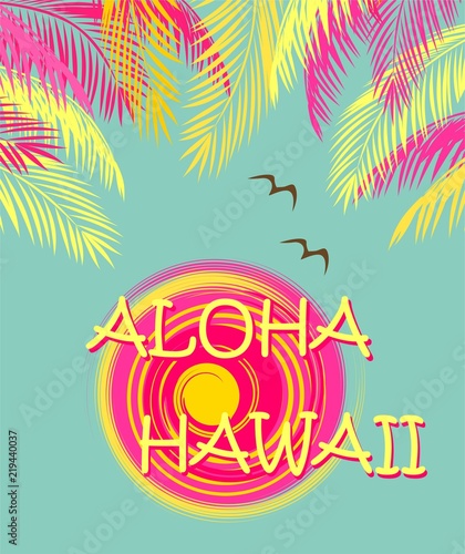 T shirt fashion print with Aloha Hawaii lettering, palm leaves, seagull and sun. Flat design