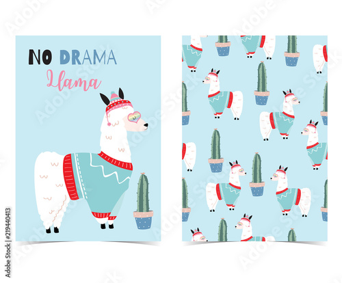 Blue hand drawn cute card with llama, heart glasses and hat in winter christmas.No drama llama