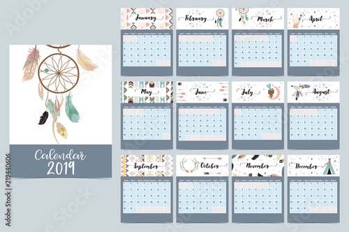 Chic monthly calendar 2019 with tent,whale,feather,arrow,dreamcatcher,bear,rabbit,cake,flower and wild in boho and bohemian style