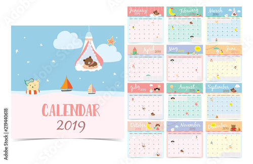 Cute monthly calendar 2019 with bear,girl,rabbit,monkey,sheep,star,cloud,moon and balloon.Can be used for web,banner,poster,label and printable