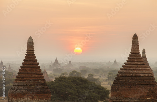 Scenic view of Bagan Plain with many pagodas and temples in Bagan  Myanmar  Burma  at sunrise.