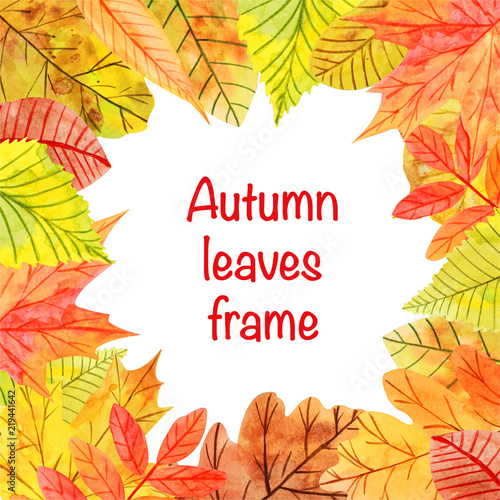 Square inner frame of watercolor autumn leaves with place for text on white background