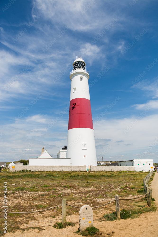 Portland Bill Lighthouse on a Bright Sunny Day with Blue Sky.