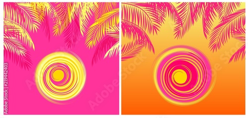 Summery t-shirt tropical prints variation with yellow and pink coconut palm leaves and hot sun on pink and orange backgrounds