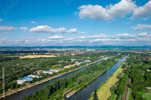 The aerial view of the area around Manheim city from above, with Neckar river in the center and hills in the background. Shot on a sunny summer day from the telecommunication tower.
