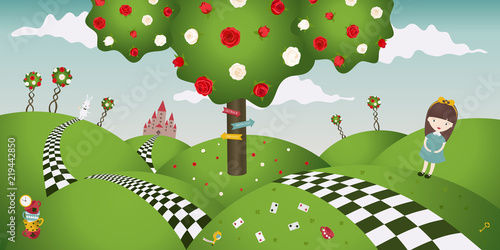Wonderland fantastic landscape with white and red roses. Alice and the white rabbit. Horizontal banner, vector illustration(the characters in fantasy tales Alice in wonderland)