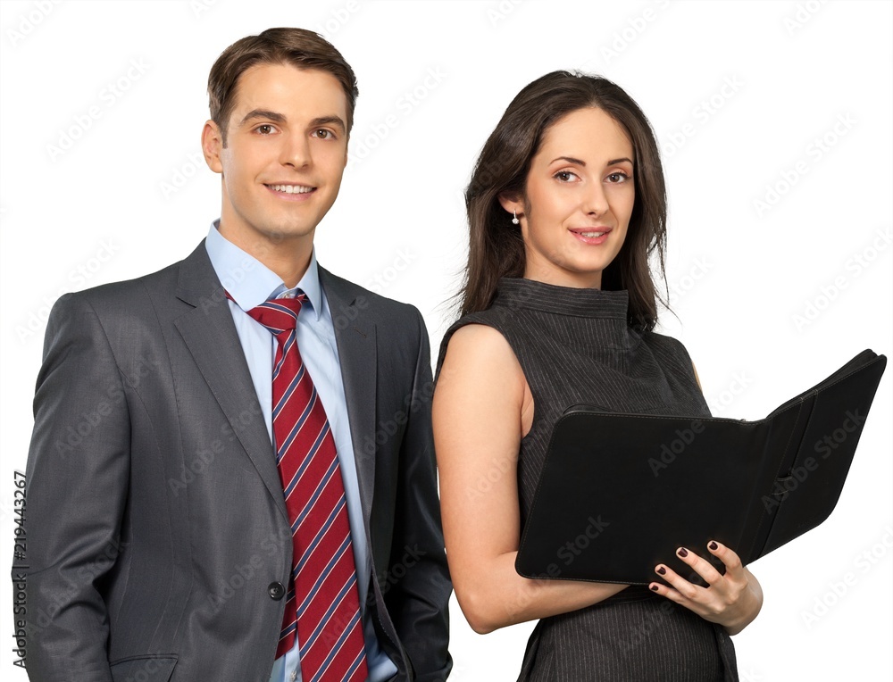 Friendly Coworkers Standing and Smiling, Businesswoman Holding Friendly Coworkers Standing and Smiling, Businesswoman Holding