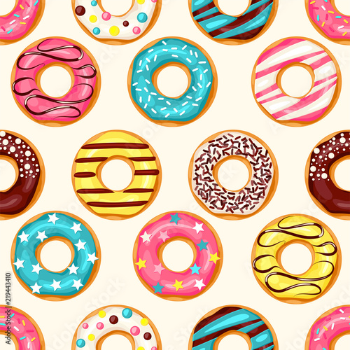 Seamless pattern. Pink donut, chocolate donut, lemon and blue mint donuts with different topping on black background