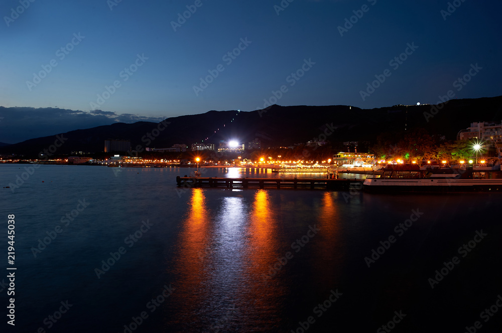 Obraz premium Night city with water. Quay lights