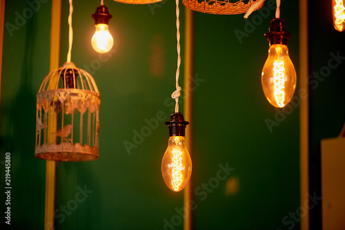 Bulbs Erickson suspended with the cells with the decoration bird. Yellow warm lamp light
