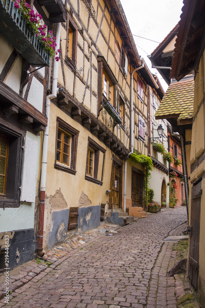 07/15/2018  Eguishem France. Colored half timbered houses in Eguishem Alsace France.