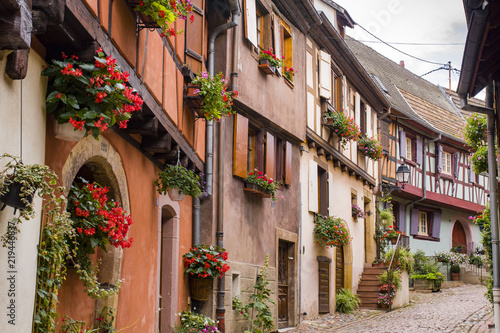 07 15 2018  Eguishem France. Colored half timbered houses in Eguishem Alsace France.
