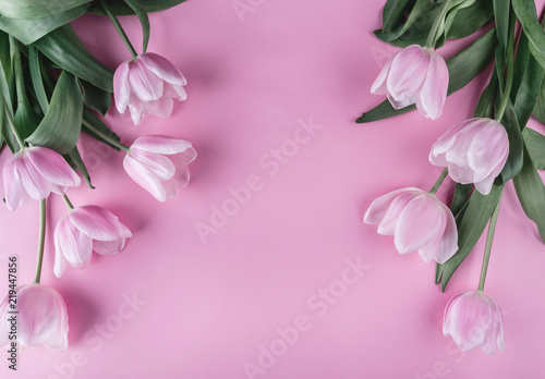 Pink tulips flowers on pink background. Waiting for spring. Happy Easter card. Flat lay, top view