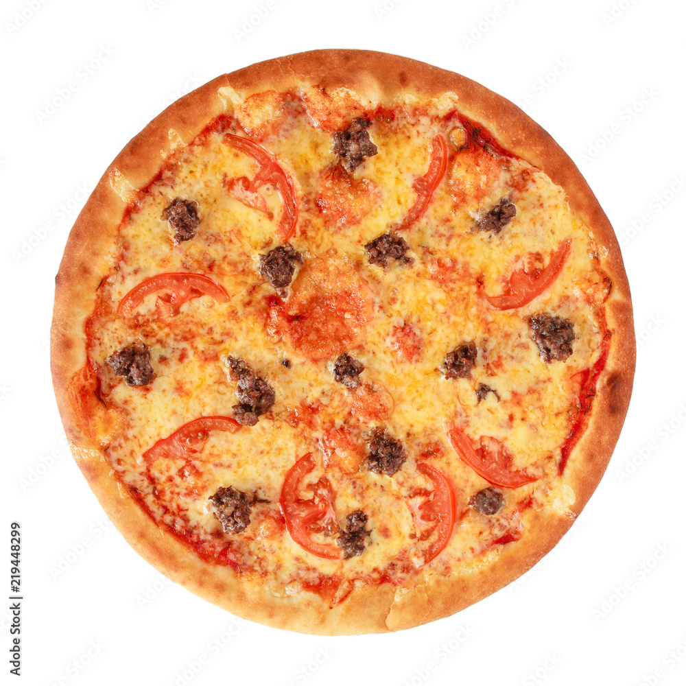 Pizza Vegetarian with tomatoes, red peppers and mushrooms isolated on white