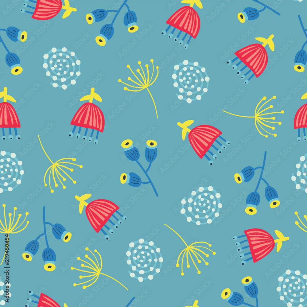 Scandinavian flowers seamless vector background. 1960s, 1970s retro floral pattern. Yellow, red, and blue doodle vintage flowers on blue. Trendy art for fabric, paper, web banner, kids, nursery, decor Scandinavian flowers seamless vector background. 1960s, 1970s retro floral pattern. Yellow, red, and blue doodle vintage flowers on blue. Trendy art for fabric, paper, web banner, kids, nursery, decor