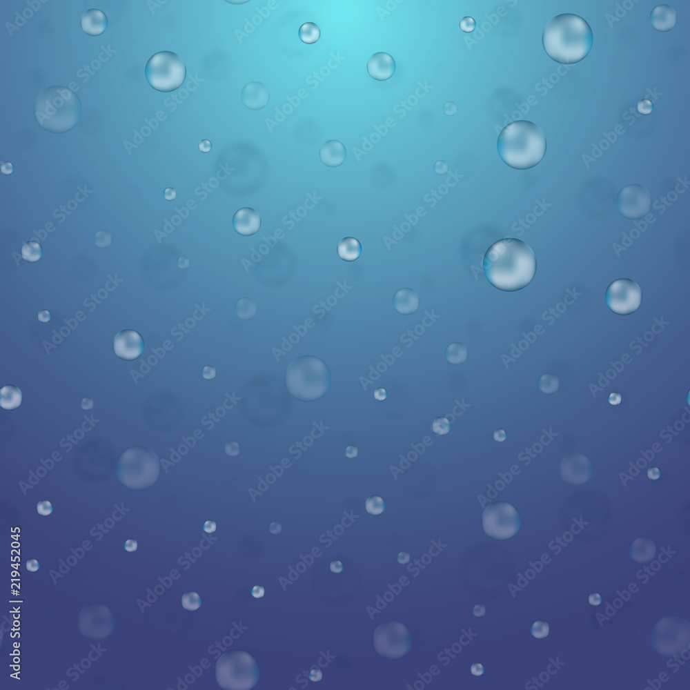 Realistic blue rain drops on blue background .
