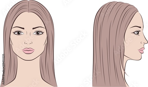 Female face with long hair. Front and side